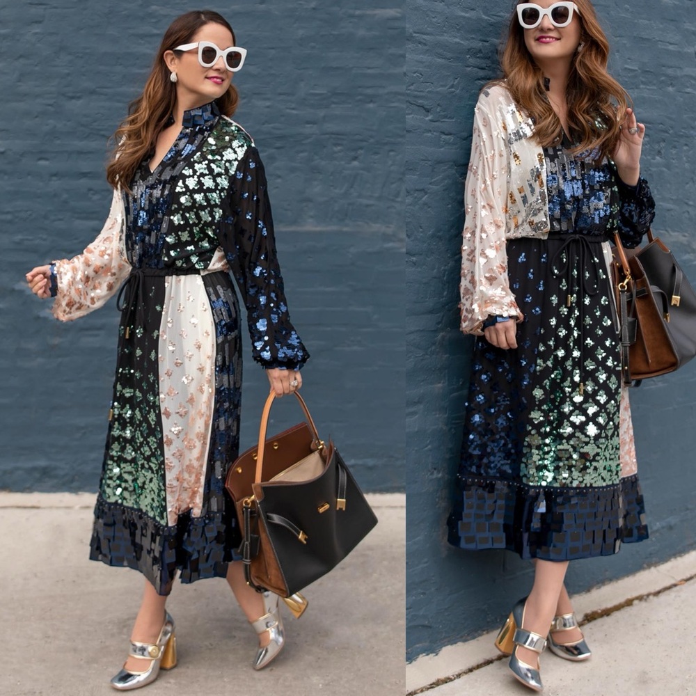 Tory Burch Color-Block Sequin Midi Dress Caftan Style Size 2 - Picture 13 of 16